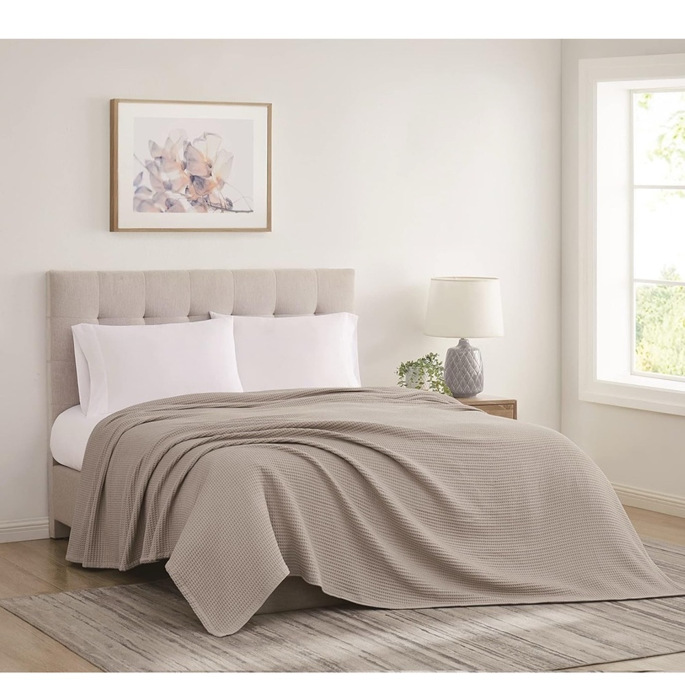 Cannon Home Heritage Cotton Waffle Cotton Blanket Khaki Beige Queen